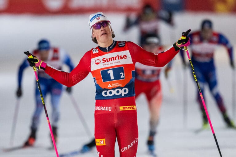 ohannes Høsflot Klæbo of Norway celebrates winning the men's free technique team sprint final with Pål Golberg of Norway (not pictured) during the FIS Cross-Country World Cup on December 13, 2024 in Davos.