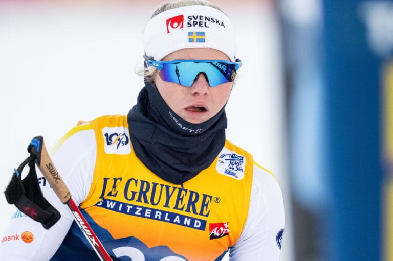 Maja Dahlqvist of Sweden looks dejected after the Women's Sprint final during day one of the Tour de Ski on December 28, 2024 in Toblach.