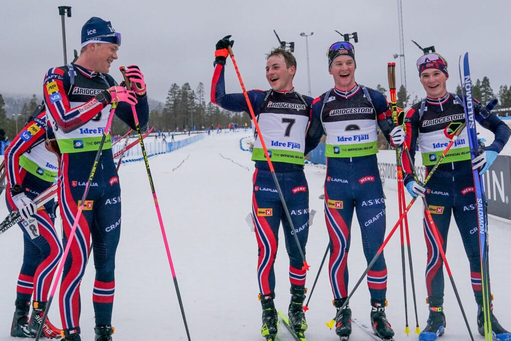 Martin Uldal (NOR), Sivert Guttorm Bakken (NOR), Sverre Dahlen Aspenes (NOR), Johan-Olav Botn (NOR), Isak Frey (NOR), (l-r) - IBU Cup Biathlon, pursuit men, Idre (SWE).
