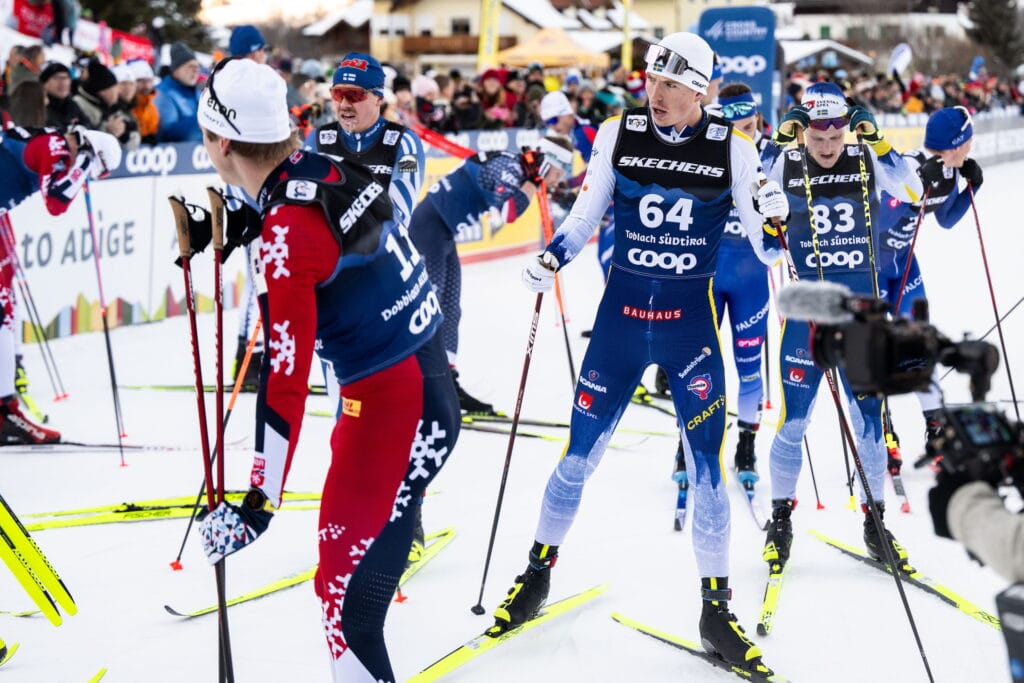 241229 William Poromaa of Sweden reacts after the Men's Cross Country Skiing 15 km Classic Mass start during day two of Tour de Ski on December 29, 2024 in Toblach.