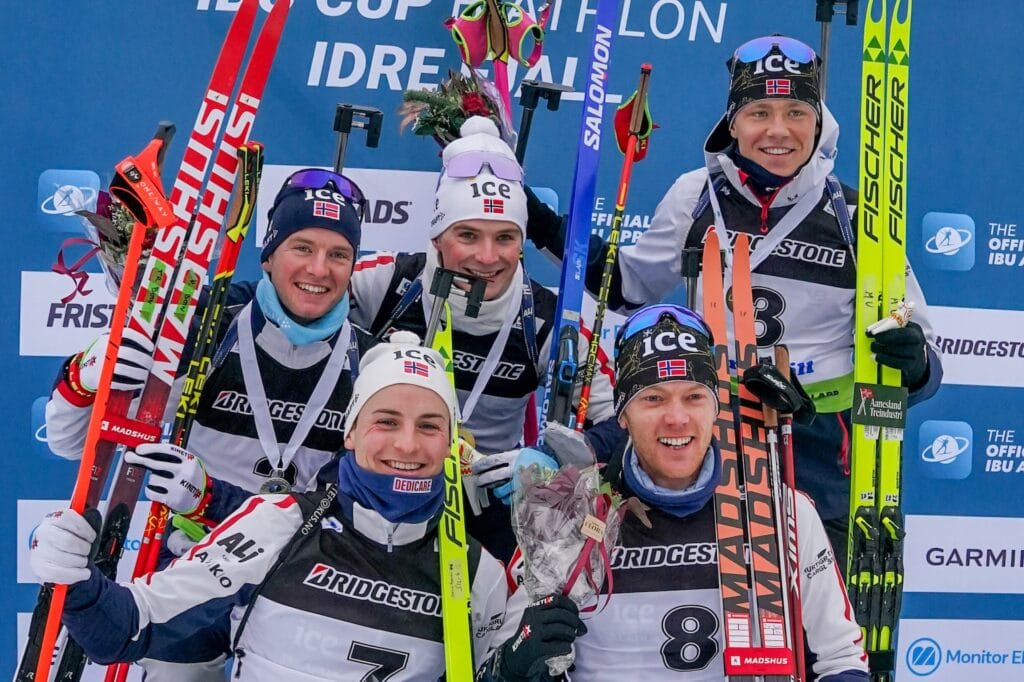 Johan-Olav Botn (NOR), Isak Frey (NOR), Martin Uldal (NOR), Sverre Dahlen Aspenes (NOR), Sivert Guttorm Bakken (NOR), (l-r) - IBU Cup Biathlon, pursuit men, Idre (SWE).