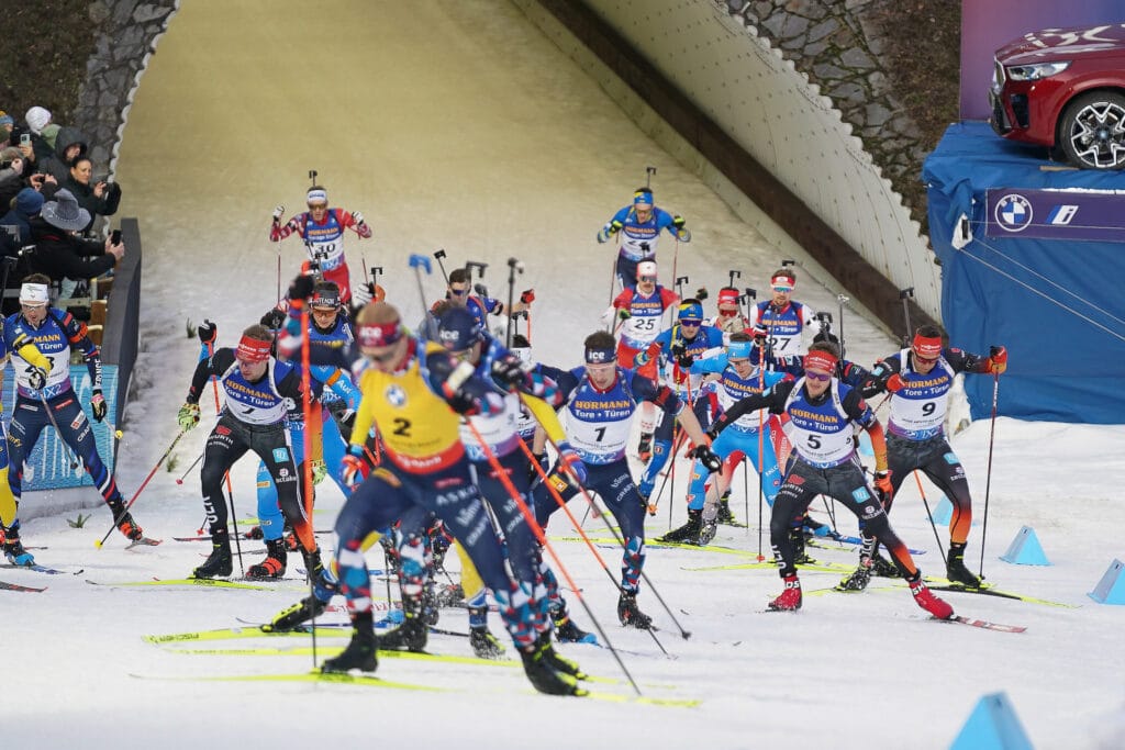 Johannes Kuehn (GER), Sturla Holm Laegreid (NOR), Benedikt Doll (GER), Philipp Nawrath (GER), (l-r) - IBU World Championships Biathlon, mass men, Nove Mesto na Morave (CZE). 2024