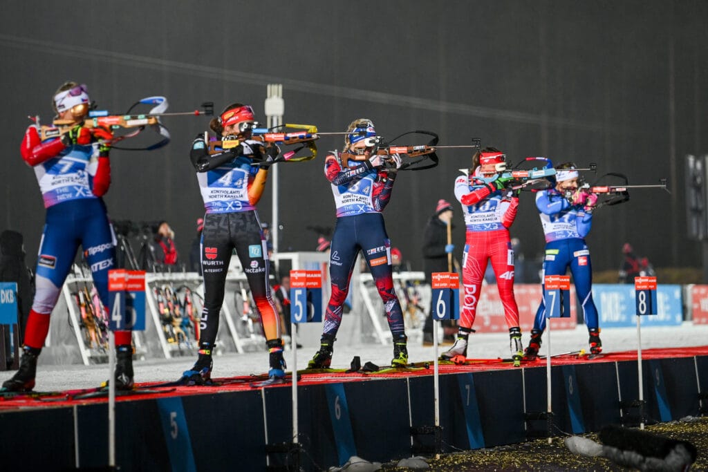 Lucie Charvatova (CZE), Vanessa Voigt (GER), Lisa Theresa Hauser (AUT), Joanna Jakiela (POL), Sonja Leinamo (FIN), (l-r) - IBU World Cup Biathlon, relay women, Kontiolahti (FIN).