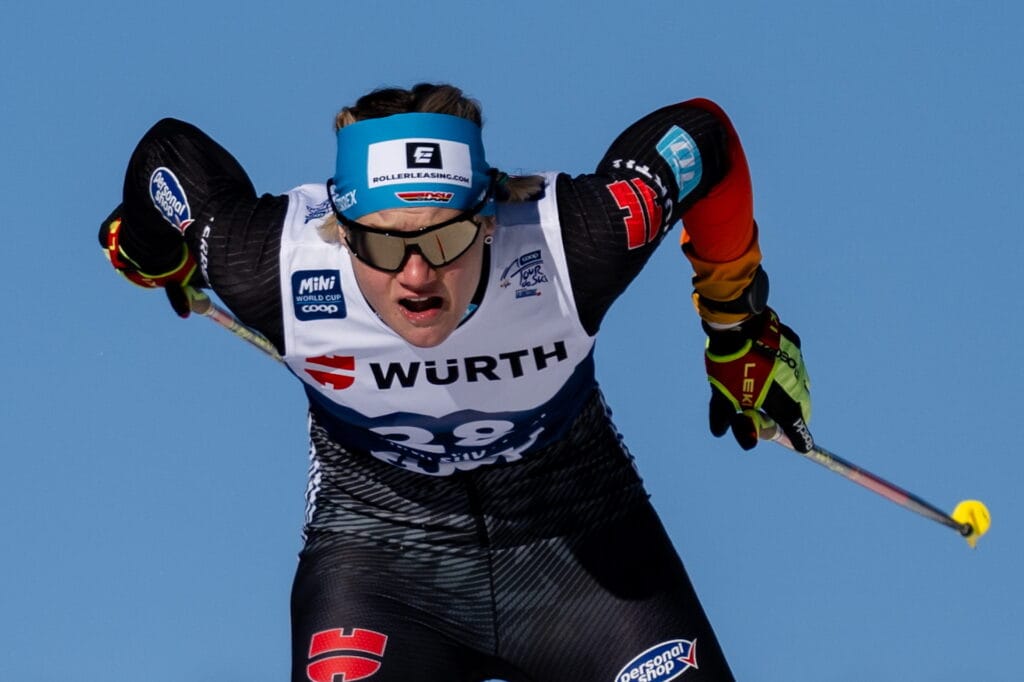 Victoria Carl of Germany competes in women's cross-country skiing sprint qualification during Tour de Ski on December 30, 2023 in Toblach. 