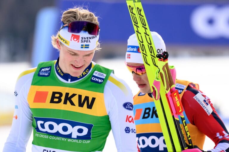 250125 Edvin Anger of Sweden, Johannes Høsflot Klæbo of Norway and Federico Pellegrino of Italy after men's sprint final during the FIS Cross-Country World Cup on January 25, 2025 in Surlej.