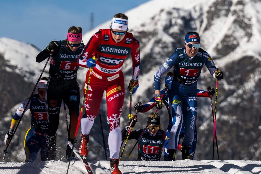 Elena Rise Johnsen of Norway compete in the Women's Team Sprint final during the FIS Cross-Country World Cup on January 31, 2025 in Cogne.