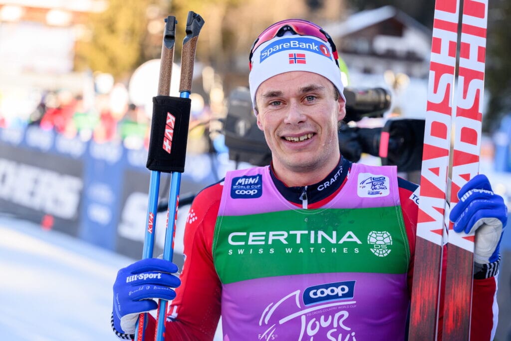 Harald Østberg Amundsen of Norway celebrates after competing in the Men's 15 km Classic Technique Pursuit during day five of Tour de Ski on January 1, 2025 in Toblach.