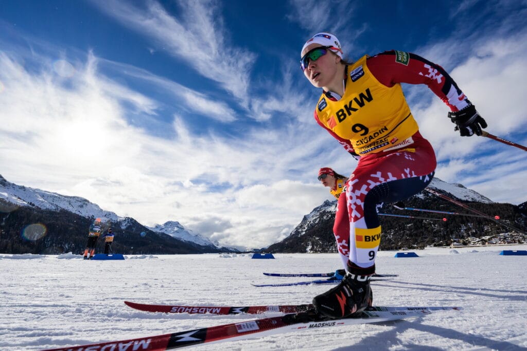 Helene Marie Fossesholm of Norway and Laura Gimmler of Germany compete in a women's sprint quarterfinal during the FIS Cross-Country World Cup on January 25, 2025 in Surlej.