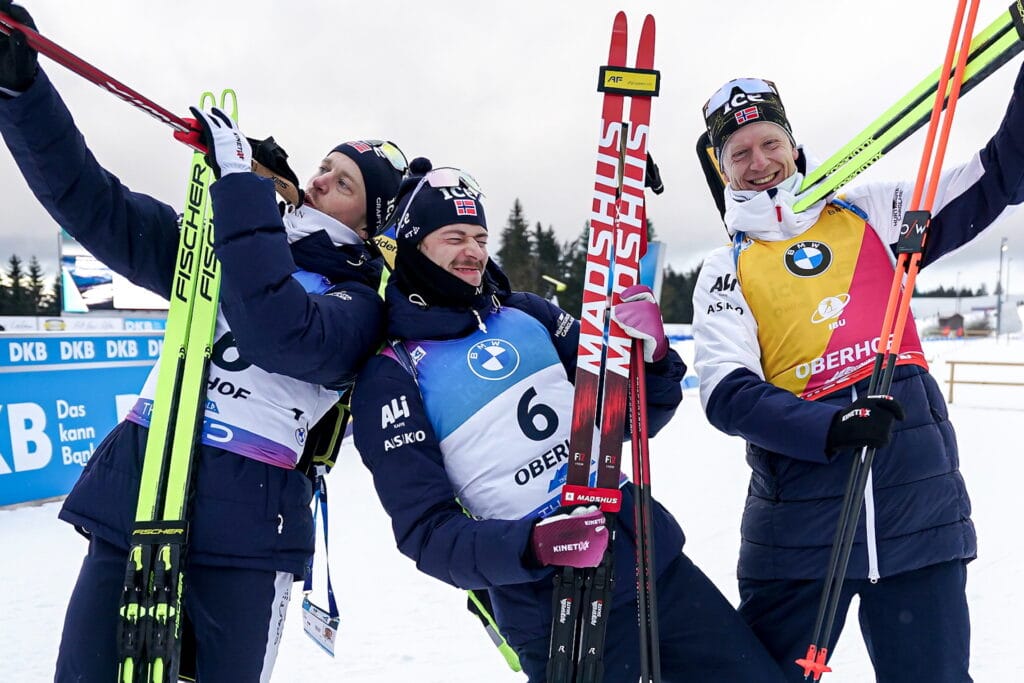 Tarjei Bø (NOR), Sturla Holm Lægreid (NOR), Johannes Thingnes Bø (NOR), (l-r) - IBU World Cup Biathlon, pursuit men, Oberhof (GER).