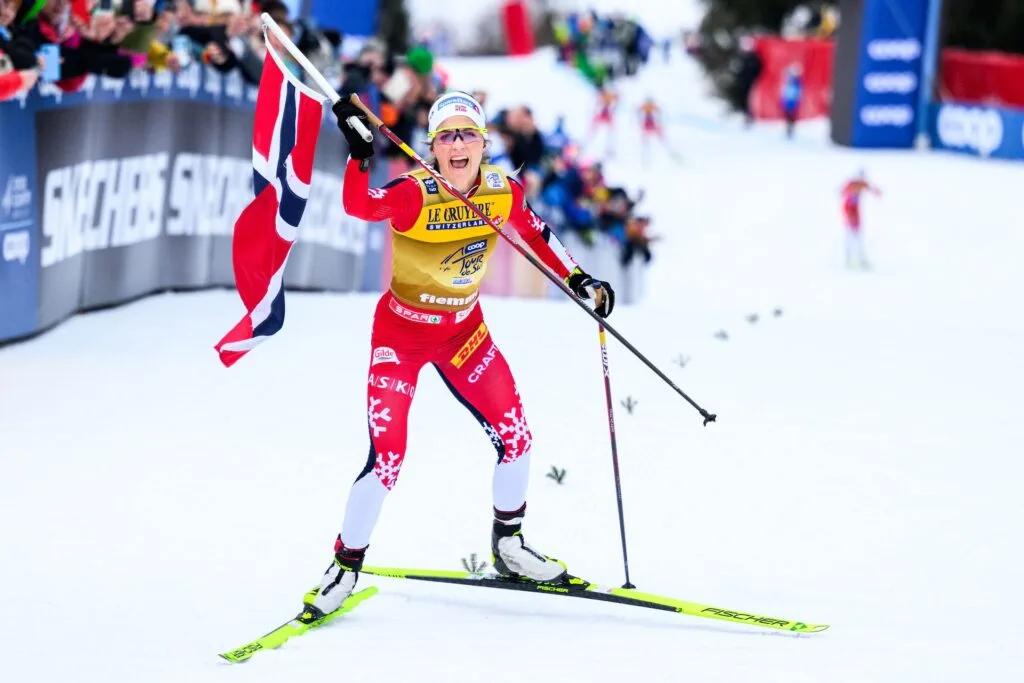 ay celebrate after competing in the women's 10 km mass start during day nine of Tour de Ski on January 5, 2025 in Tesero.