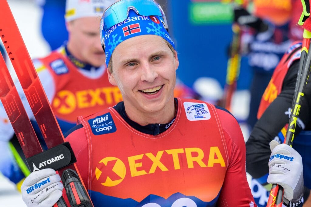 Simen Hegstad Kruger of Norway celebrate after competing in the men's 10 km mass start during day nine of Tour de Ski on January 5, 2025 in Tesero.