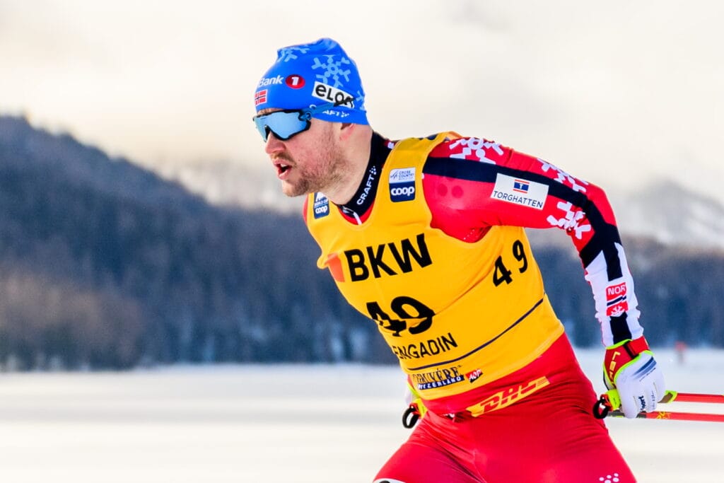 Sindre Bjørnestad Skar of Norway competes in men's sprint qualification during the FIS Cross-Country World Cup on January 25, 2025 in Surlej.