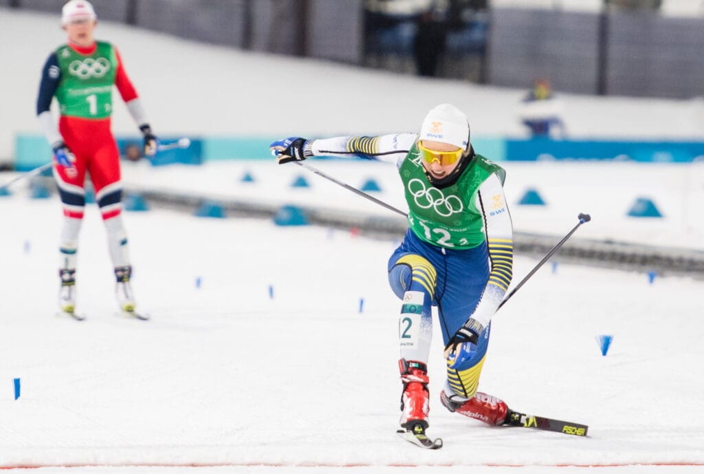 Stina Nilsson of Sweden, Silver, at the finish line in the Women's Cross Country Skiing Team Free Sprint Final during day twelve of the 2018 Winter Olympics on February 21, 2018 in Pyeongchang.