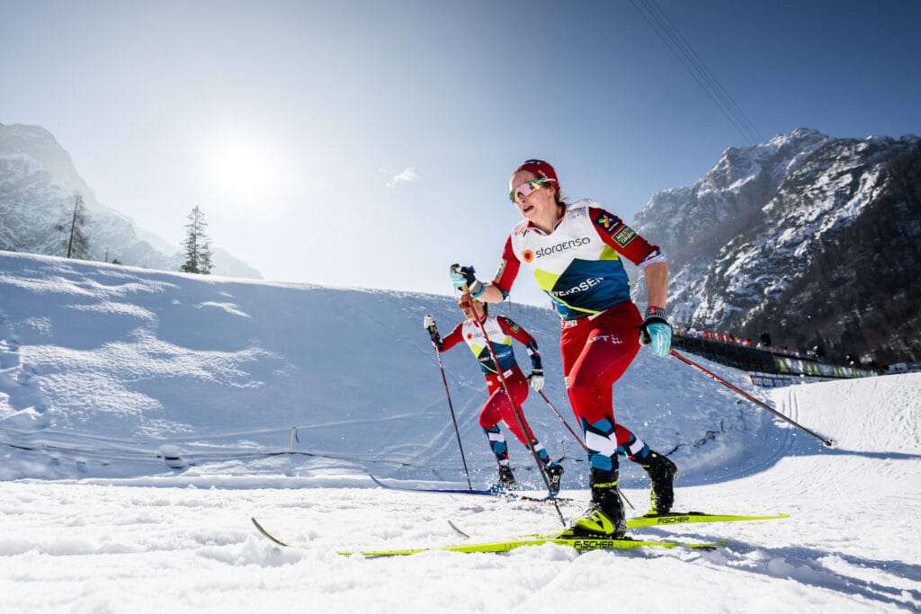 Anne Appelkvist Stenseth and Anna Svendsen of Norway at a cross-country training session ahead of the FIS Nordic Ski World Championships on February 19, 2023 in Planica.