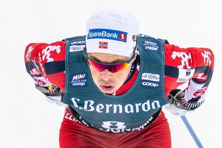 Harald Østberg Amundsen of Norway competes in men's sprint qualification during the FIS Cross-Country World Cup on February 1, 2025 in Cogne.