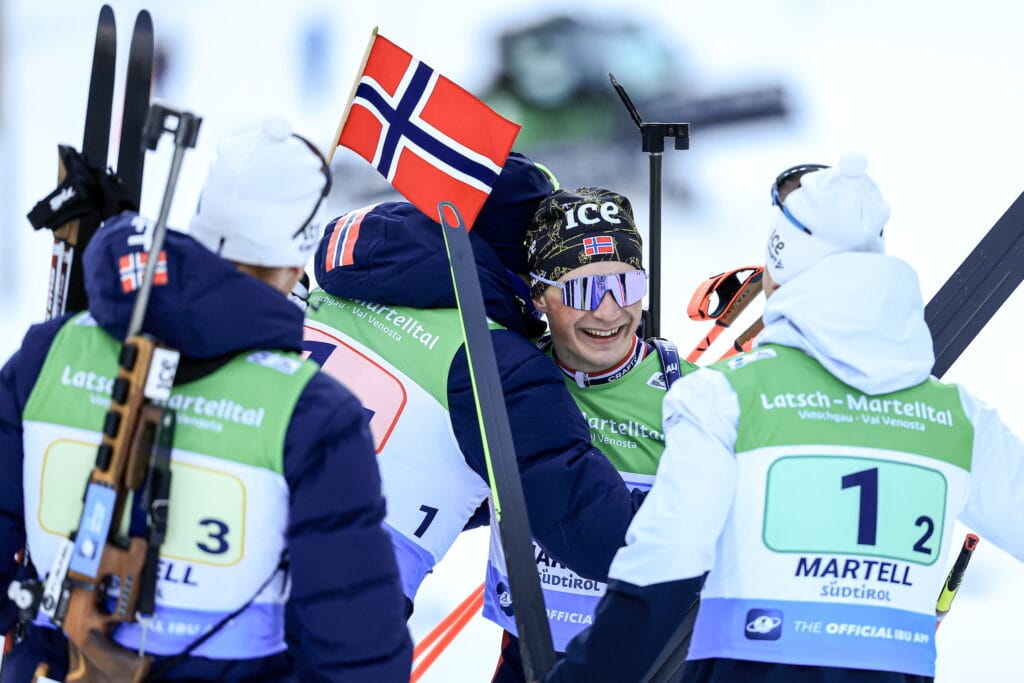 Sivert Guttorm Bakken (NOR), Vetle Sjaastad Christiansen (NOR), Isak Frey (NOR), Sverre Dahlen Aspenes (NOR), (l-r) - IBU Open European Championships Biathlon, relay men, Martell (ITA).