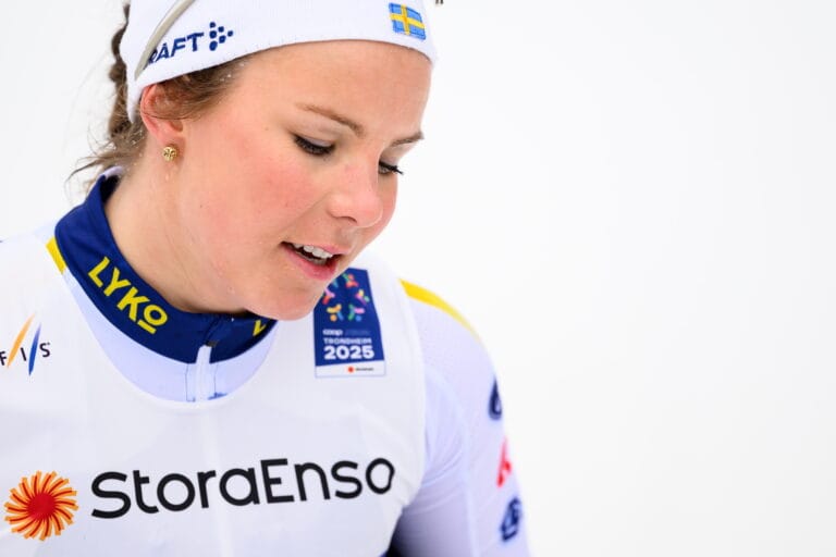 250227 Johanna Hagström of Sweden looks dejected after competing in the women's free technique sprint semi final during day 2 of the 2025 FIS Nordic Ski World Championships on February 27, 2025 in Trondheim
