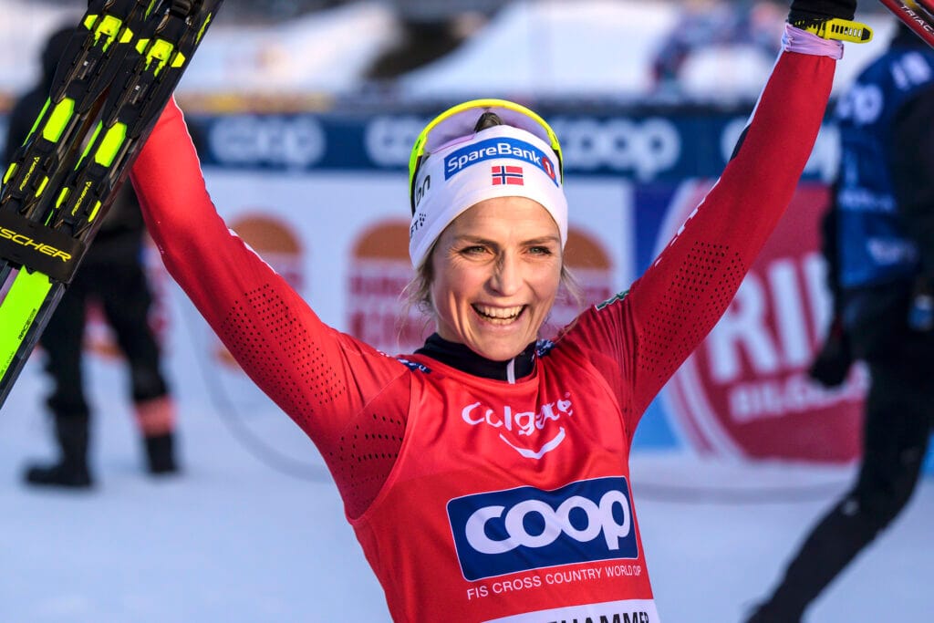 Therese Johaug of Norway celebrates after the women's cross country skiing skiathlon during the FIS Cross-Country World Cup on December 8, 2024 in Lillehammer.