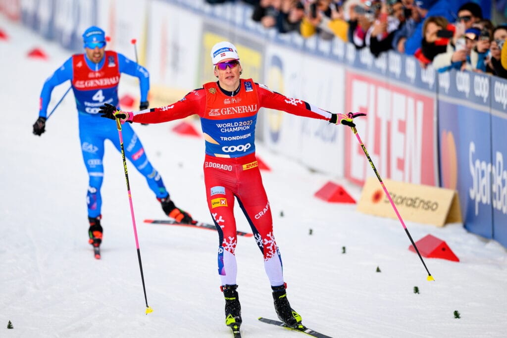 Johannes Høsflot Klæbo of Norway celebrates after competing in the men's free technique sprint final during day 2 of the 2025 FIS Nordic Ski World Championships on February 27, 2025 in Trondheim.