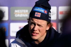Johannes Høsflot Klæbo at a press event with team Norway during day three of Tour de Ski on December 30, 2024 in Toblach.