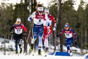 Moa Lundgren of Sweden competes in the Women's Sprint quarter final during the FIS Cross-Country World Cup on February 14, 2025 in Falun.
