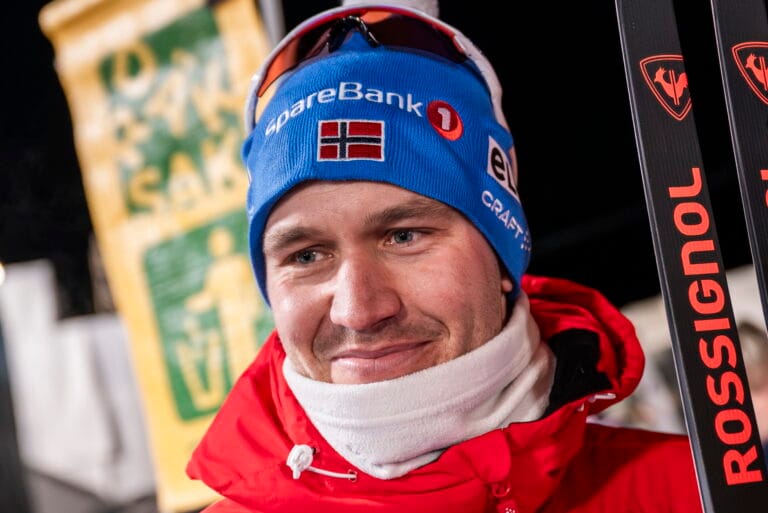 Pål Golberg of Norway in the mixed zone after the men's free technique team sprint final during the FIS Cross-Country World Cup on December 13, 2024 in Davos.