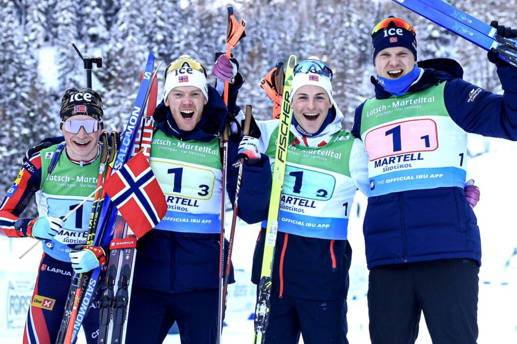 Isak Frey (NOR), Sivert Guttorm Bakken (NOR), Sverre Dahlen Aspenes (NOR), Vetle Sjaastad Christiansen (NOR), (l-r) - IBU Open European Championships Biathlon, relay men, Martell (ITA).