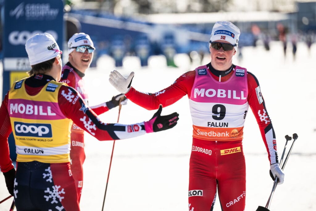 Johannes Høsflot Klæbo of Norway and Oskar Opstad Vike of Norway celebrate after competing in the Men's Sprint final during the FIS Cross-Country World Cup on February 14, 2025 in Falun.