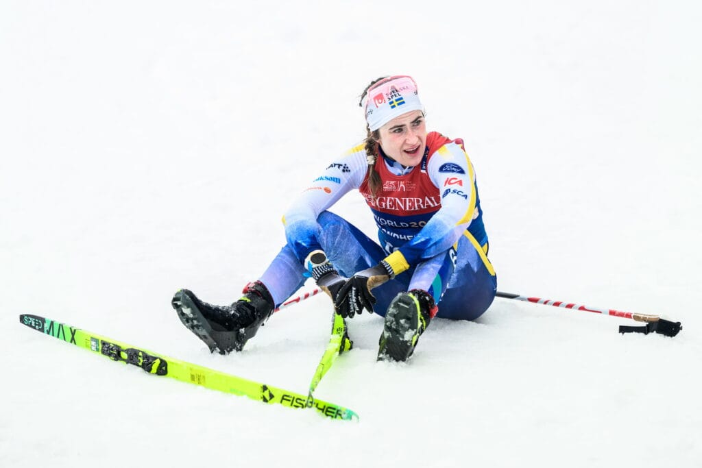 250309 Ebba Andersson of Sweden looks dejected after the women's 50 km free technique mass start during day 12 of the 2025 FIS Nordic Ski World Championships on March 9, 2025 in Trondheim.