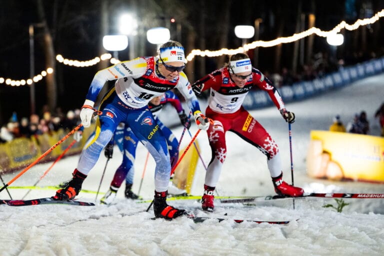Emma Ribom of Sweden competes in the Women's sprint quarter final during the FIS Cross-Country World Cup on March 19, 2025 in Tallin.