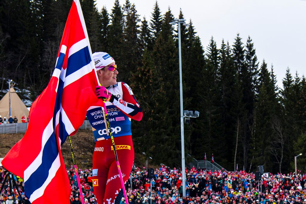 Johannes Høsflot Klæbo of Norway celebrates after the men's 4 x 7.5 km classic/free technique relay during day 9 of the 2025 FIS Nordic Ski World Championships on March 6, 2025 in Trondheim.