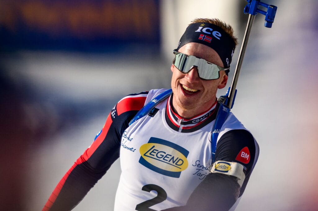 Johannes Thingnes Bø of Norway celebrates in men's 15 km mass start during the IBU World Cup on March 23, 2025 in Oslo.