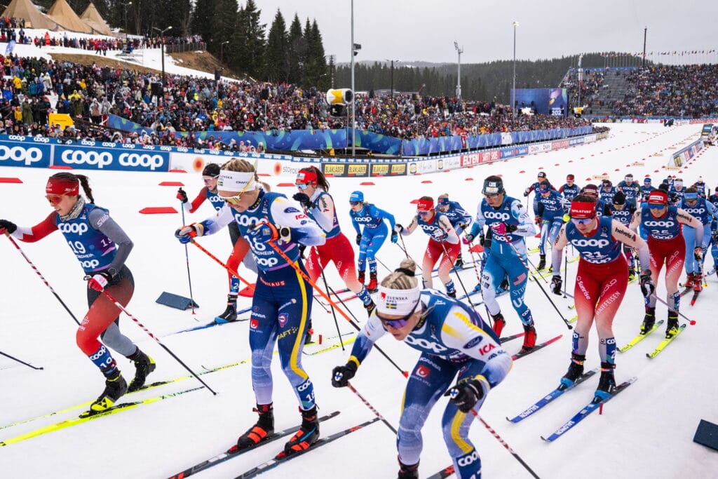 Emma Ribom of Sweden and Jonna Sundling of Sweden compete in the women's 20 km skiathlon during day 5 of the 2025 FIS Nordic Ski World Championships on March 2, 2025 in Trondheim.