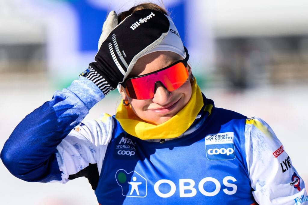 Moa Ilar of Sweden celebrates after women’s 10 km Interval start free technique during the FIS Cross-Country World Cup on March 16, 2025 in Oslo.