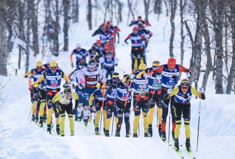 Ole Joergen Bruvoll (NOR), Oskar Kardin (SWE), Anton Persson (SWE), Alfred Buskqvist (SWE), Johan Hoel (NOR), Torleif Syrstad (NOR), (l-r) - Ski Classics Finale Summit 2 Senja, Bardufoss-Finnsnes (NOR).