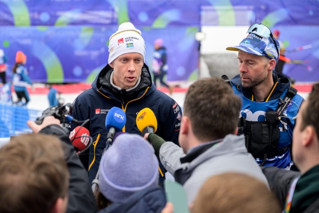 Rickard Noberius and coach Stefan Thomson of Sweden at a press conference regarding a concussion of Linn Svahn ahead of the women’s sprint during the 2025 FIS Nordic Ski World Championships on February 27, 2025 in Trondheim. 