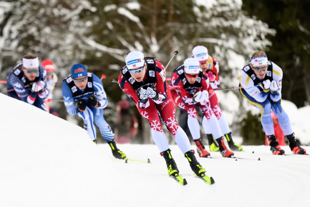 Erik Valnes of Norway competes in the Men's Cross Country Skiing 15 km Classic Mass start during day two of Tour de Ski on December 29, 2024 in Toblach.