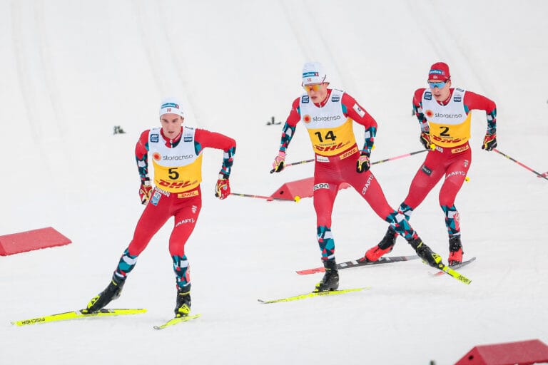 16.12.2023, Trondheim, Norway (NOR): Didrik Toenseth (NOR), Johannes Hoesflot Klaebo (NOR), Simen Hegstad Krueger (NOR), (l-r) - FIS world cup cross-country, skiathlon, Trondheim (NOR). www.nordicfocus.com. © . Every downloaded picture is fee-liable.