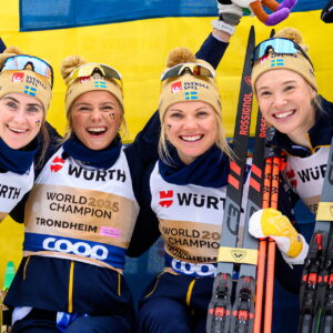 Ebba Andersson, Frida Karlsson, Emma Ribom and Jonna Sundling of Sweden celebrate on the podium after the women's 4 x 7.5 km classic/free technique relay during day 10 of the 2025 FIS Nordic Ski World Championships on March 7, 2025 in Trondheim.