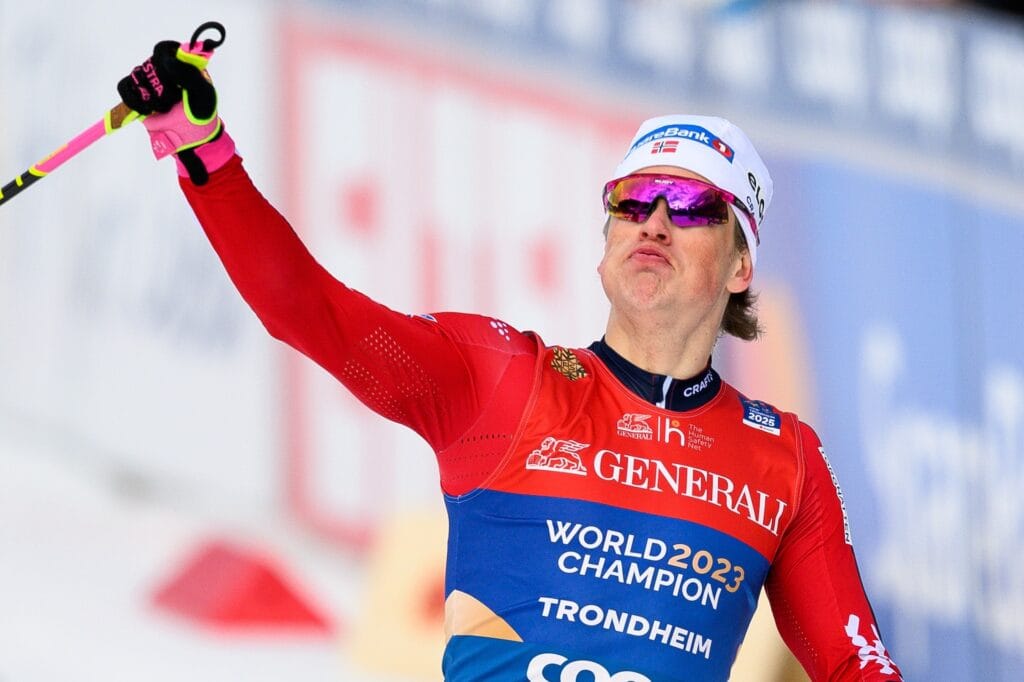 Johannes Høsflot Klæbo of Norway celebrates after competing in the men's free technique sprint final during day 2 of the 2025 FIS Nordic Ski World Championships on February 27, 2025 in Trondheim.
