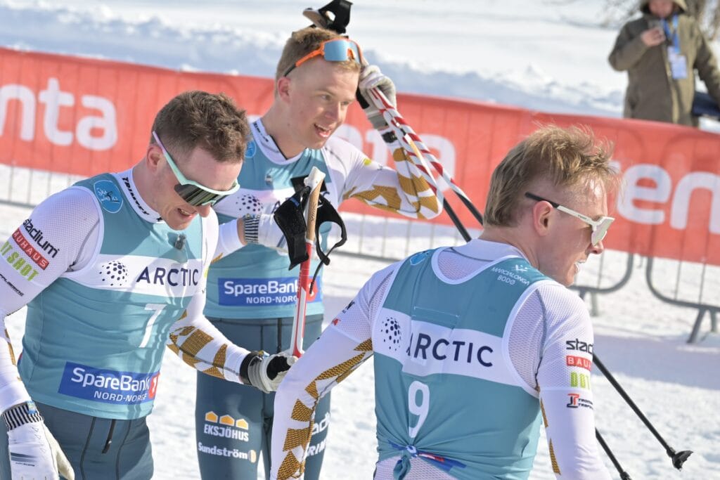 Eirik Sverdrup Augdal (NOR), Axel Jutterstroem (SWE), Thomas Odegaarden (NOR), (l-r) - Ski Classics Marcialonga - Bodo (NOR).