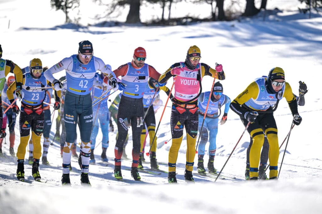 18.01.2025, Zuoz, Switzerland (SUI): Vebjorn Moen (NOR), Andreas Nygaard (NOR), Amund Riege (NOR), Ole Joergen Bruvoll (NOR), (l-r) - Ski Classics Engadin La Diagonela