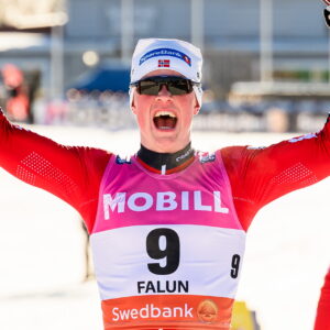 250214 Oskar Opstad Vike of Norway celebrates after the Men's Sprint final during the FIS Cross-Country World Cup on February 14, 2025 in Falun.