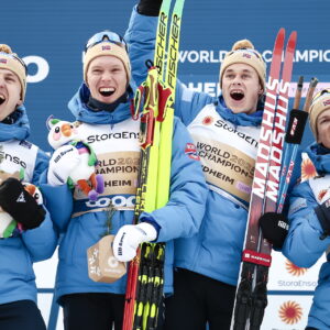Erik Valnes (NOR), Martin Loewstroem Nyenget (NOR), Harald Oestberg Amundsen (NOR), Johannes Hoesflot Klaebo (NOR), (l-r) - FIS Nordic World Ski Championships Cross-Country, relay men, Trondheim (NOR).