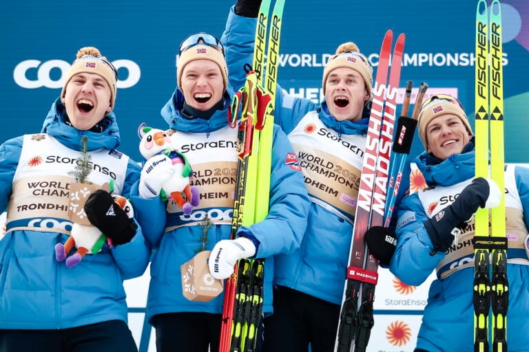 Erik Valnes (NOR), Martin Loewstroem Nyenget (NOR), Harald Oestberg Amundsen (NOR), Johannes Hoesflot Klaebo (NOR), (l-r) - FIS Nordic World Ski Championships Cross-Country, relay men, Trondheim (NOR).