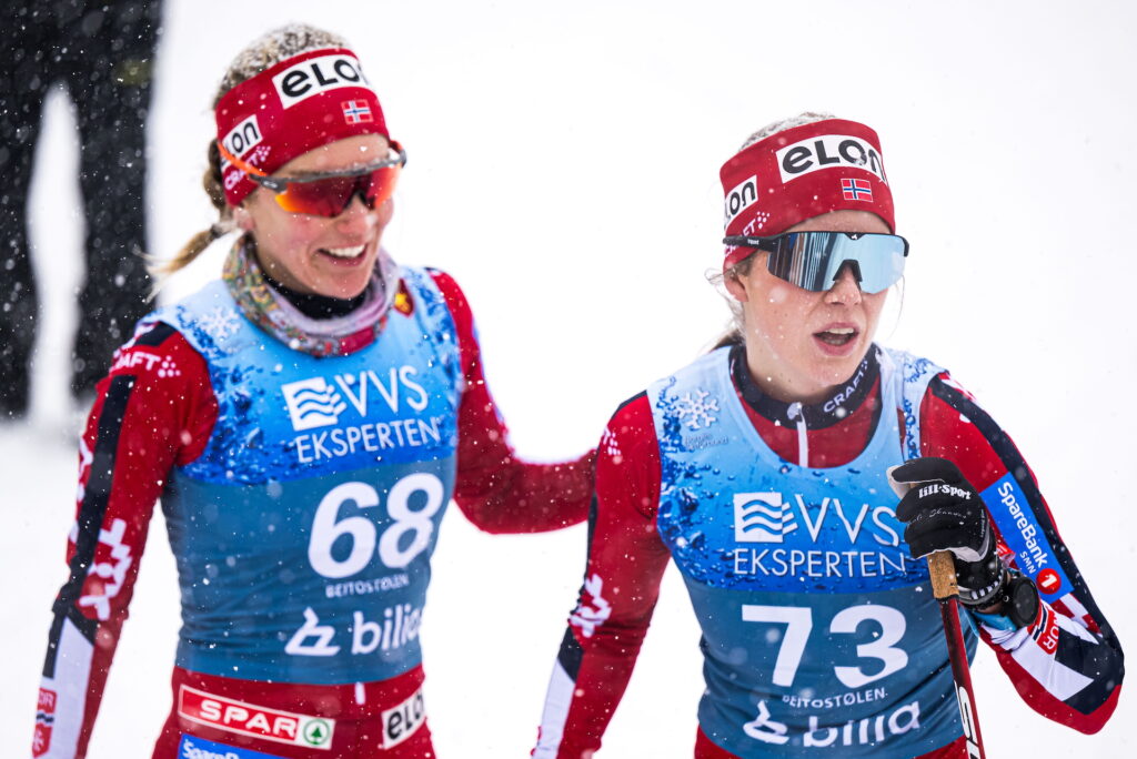 Berit Mogstad and Marte Skaanes of Norway after the women’s 10 km free technique interval start during Beitosprinten 2024 on November 24, 2024 in Beitostølen.