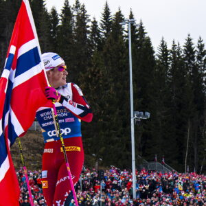 Johannes Høsflot Klæbo of Norway celebrates after the men's 4 x 7.5 km classic/free technique relay during day 9 of the 2025 FIS Nordic Ski World Championships on March 6, 2025 in Trondheim.