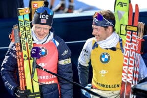 Johannes Thingnes Boe (NOR), Sturla Holm Laegreid (NOR), (l-r) - IBU World Cup Biathlon, sprint men, Oslo (NOR).