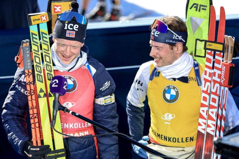 Johannes Thingnes Boe (NOR), Sturla Holm Laegreid (NOR), (l-r) - IBU World Cup Biathlon, sprint men, Oslo (NOR).