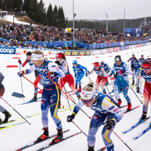 Emma Ribom of Sweden and Jonna Sundling of Sweden compete in the women's 20 km skiathlon during day 5 of the 2025 FIS Nordic Ski World Championships on March 2, 2025 in Trondheim.
